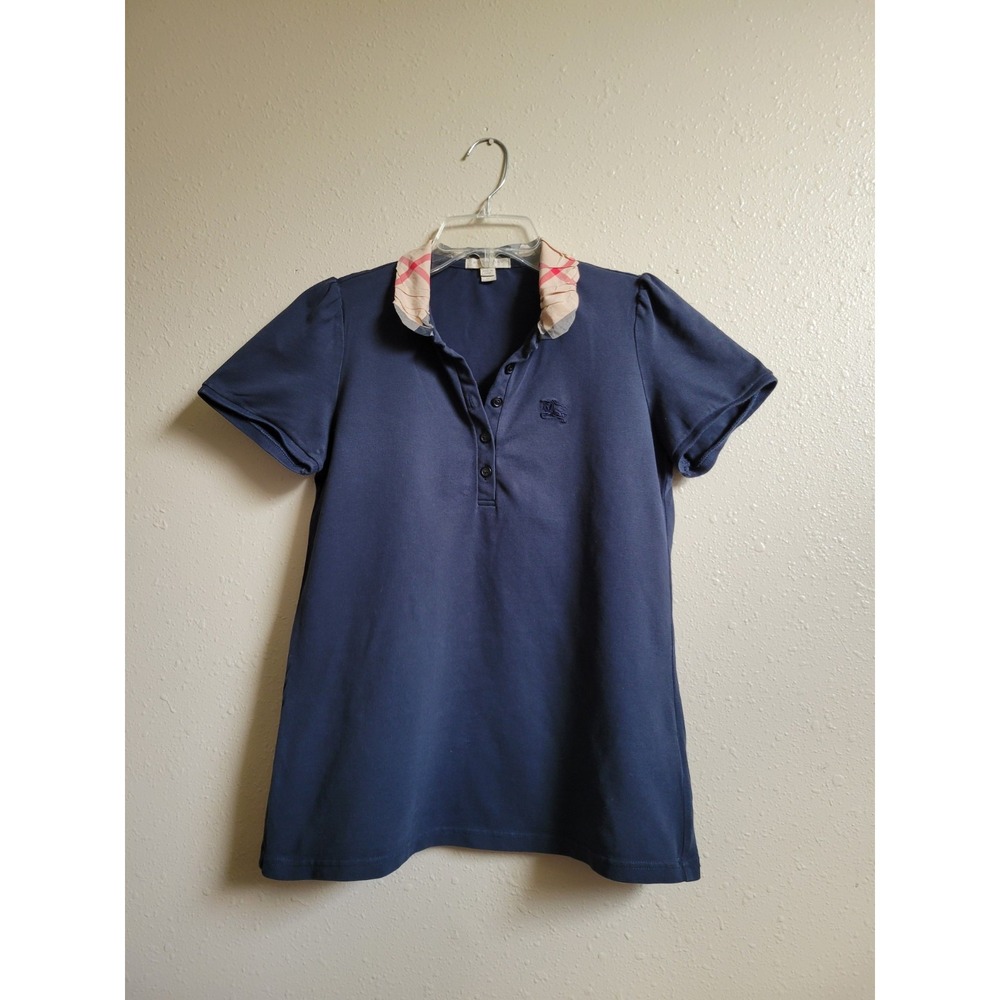 Burberry Women's Polo‎ Shirt Blue Checkered Collar Top Designer Shirt Sz M